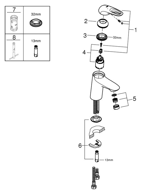 Einhand-Waschtischbatterie Eurostyle 32468_3, S-Size, Einlochmontage, offener Metall-Hebelgriff, glatter Körper, chrom