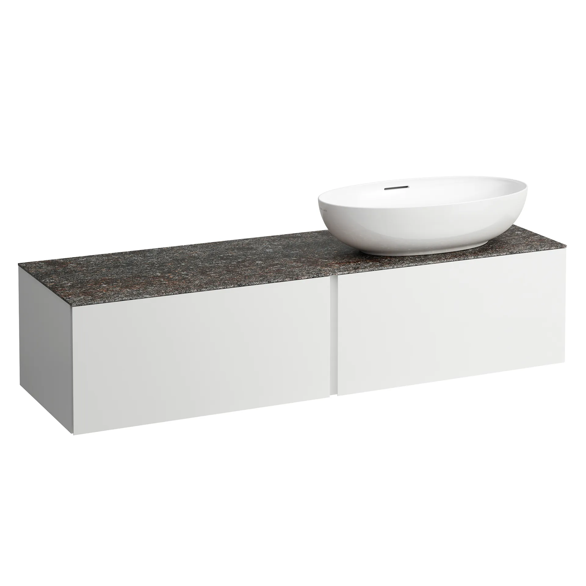 Schubladenelement (Waschtischunterbau+Waschtischplatte) ILBAGNOALESSI 500x1600x370 2 Schubladen integrierte versteckte Griffe seitlich Vollauszug Soft-Close Ausschnitt rechts Marrone Naturale Top passend zu Waschtisch H818975/6 H818977/8 Weiß matt