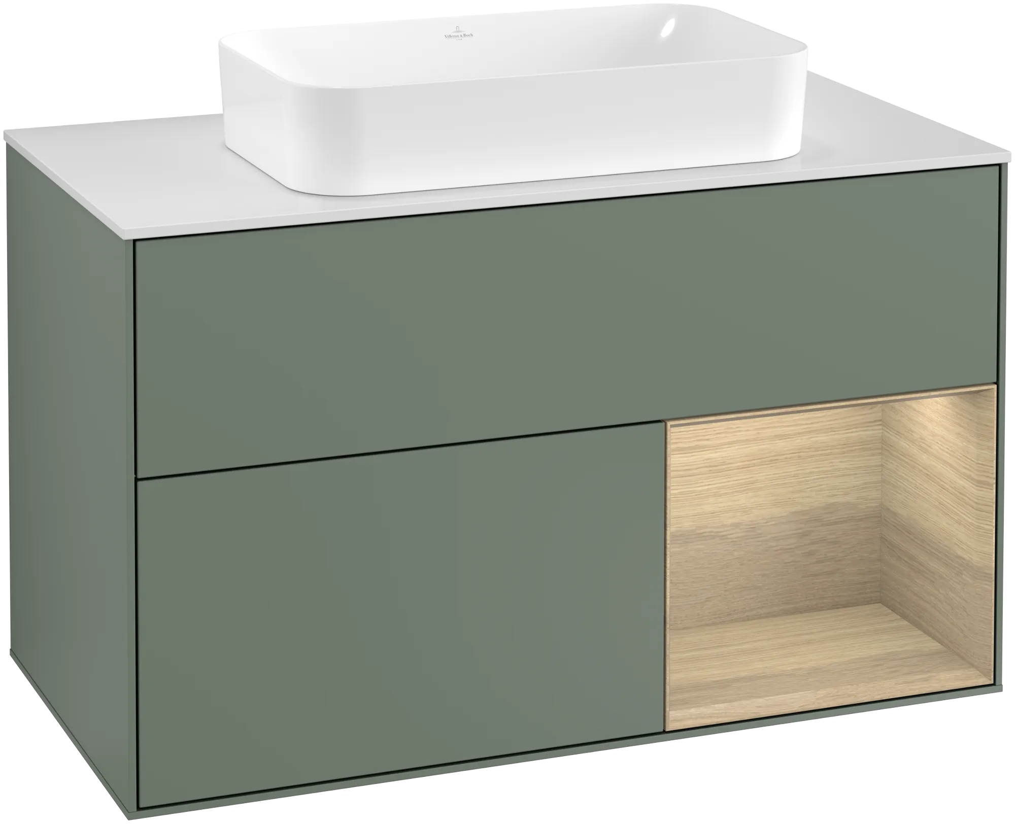 Villeroy & Boch Finion Waschbeckenunterschrank F25 1000x603x501mm Olive Matt Lacquer / Oak Veneer / Glass White Matt