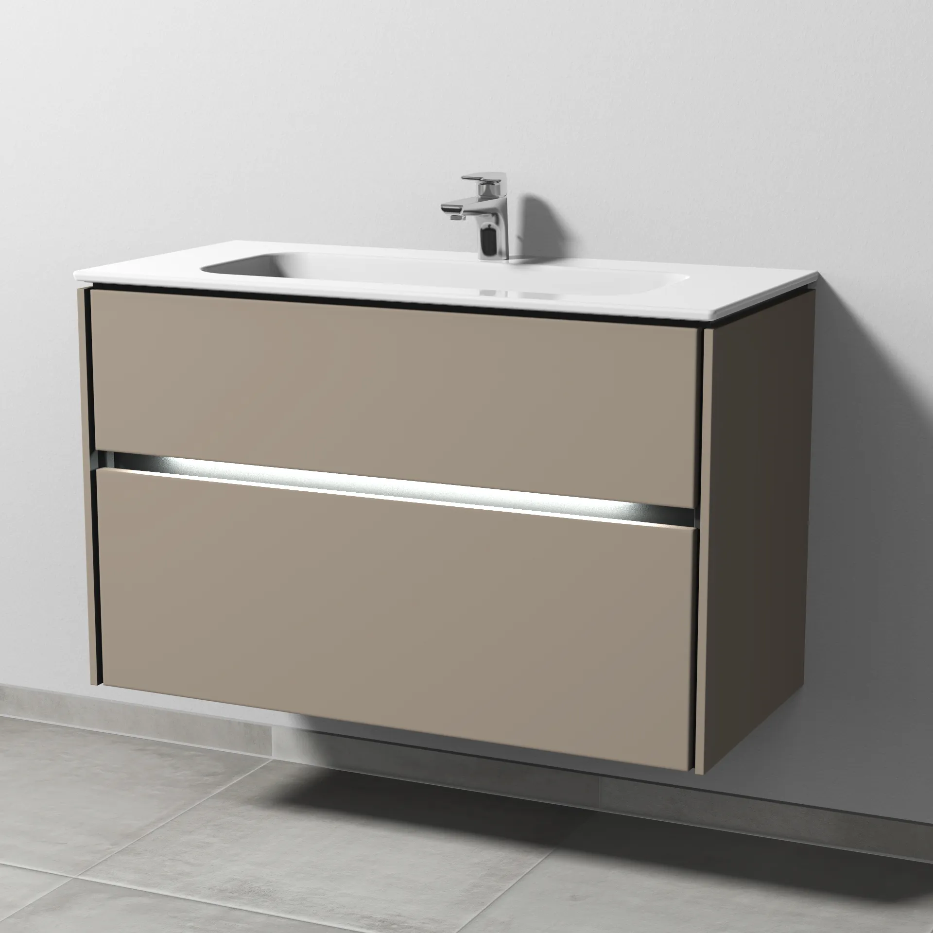 Keramik-Waschtisch-Set mit Waschtischunterschrank „Twiga“ 99 × 46 × 61 cm in Sandgrau (matt), mit Hahnlochbohrung, mit Beleuchtung Keramik-Waschtisch-Set mit Waschtischunterschrank „Twiga“ 99 × 46 × 61 cm in Sandgrau (matt), mit Hahnlochbohrung, mit Beleuchtung