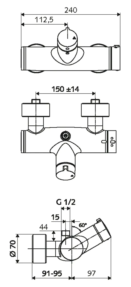 Aufputz-Duscharmatur VITUS VD-Auf/Zu-T / o, Mischwasser, Thermostat, Auf/Zu-Aufputz-Duscharmatur, 2 RFV, Thermische Desinfektion, 2x DN 15 G 1/2 AG, DN 15 G 1/2 AG (oben), chrom