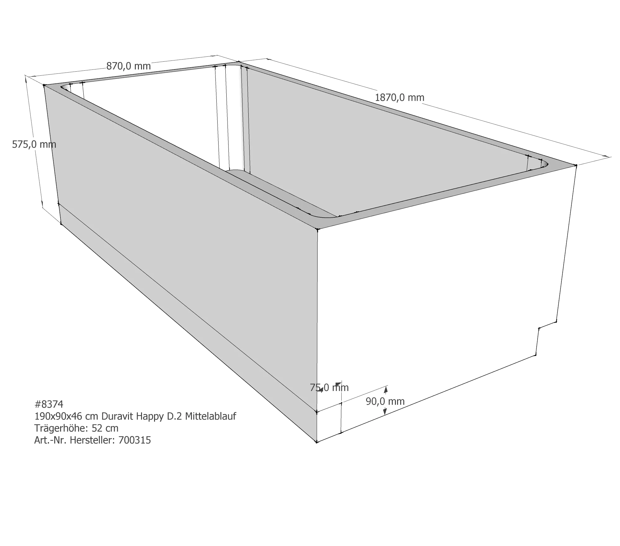 Badewannenträger für Duravit Happy D.2 190 × 90 × 46 cm Badewannenträger für Duravit Happy D.2 190 × 90 × 46 cm