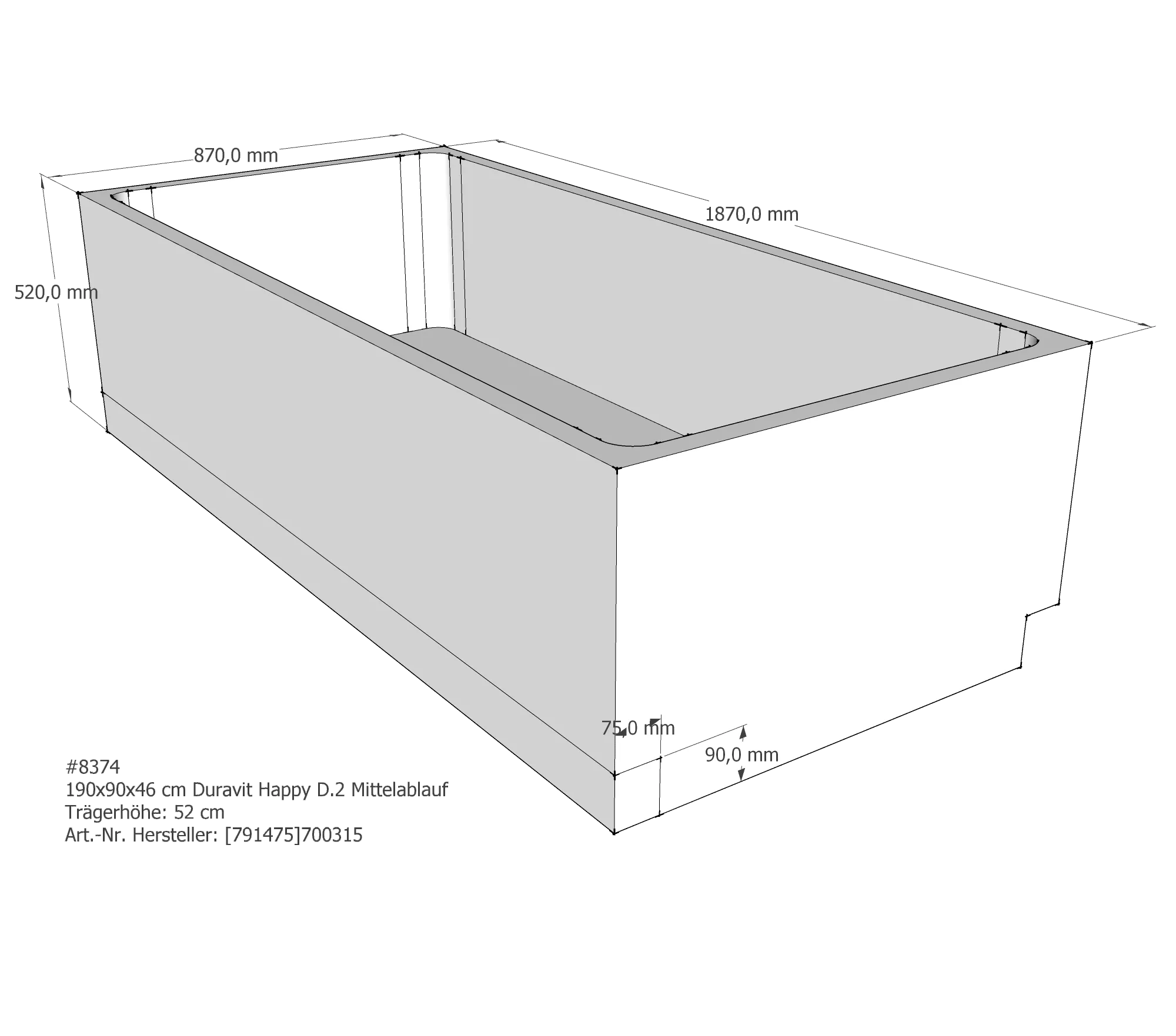 Badewannenträger für Duravit Happy D.2 190 × 90 × 46 cm Badewannenträger für Duravit Happy D.2 190 × 90 × 46 cm