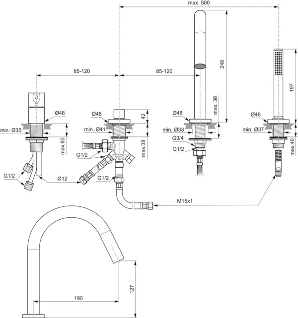 4-Loch Wannenrandarmatur Joy, mit Auslauf, Stab-Handbrause und Umsteller, Brushed Gold 4-Loch Wannenrandarmatur Joy, mit Auslauf, Stab-Handbrause und Umsteller, Brushed Gold