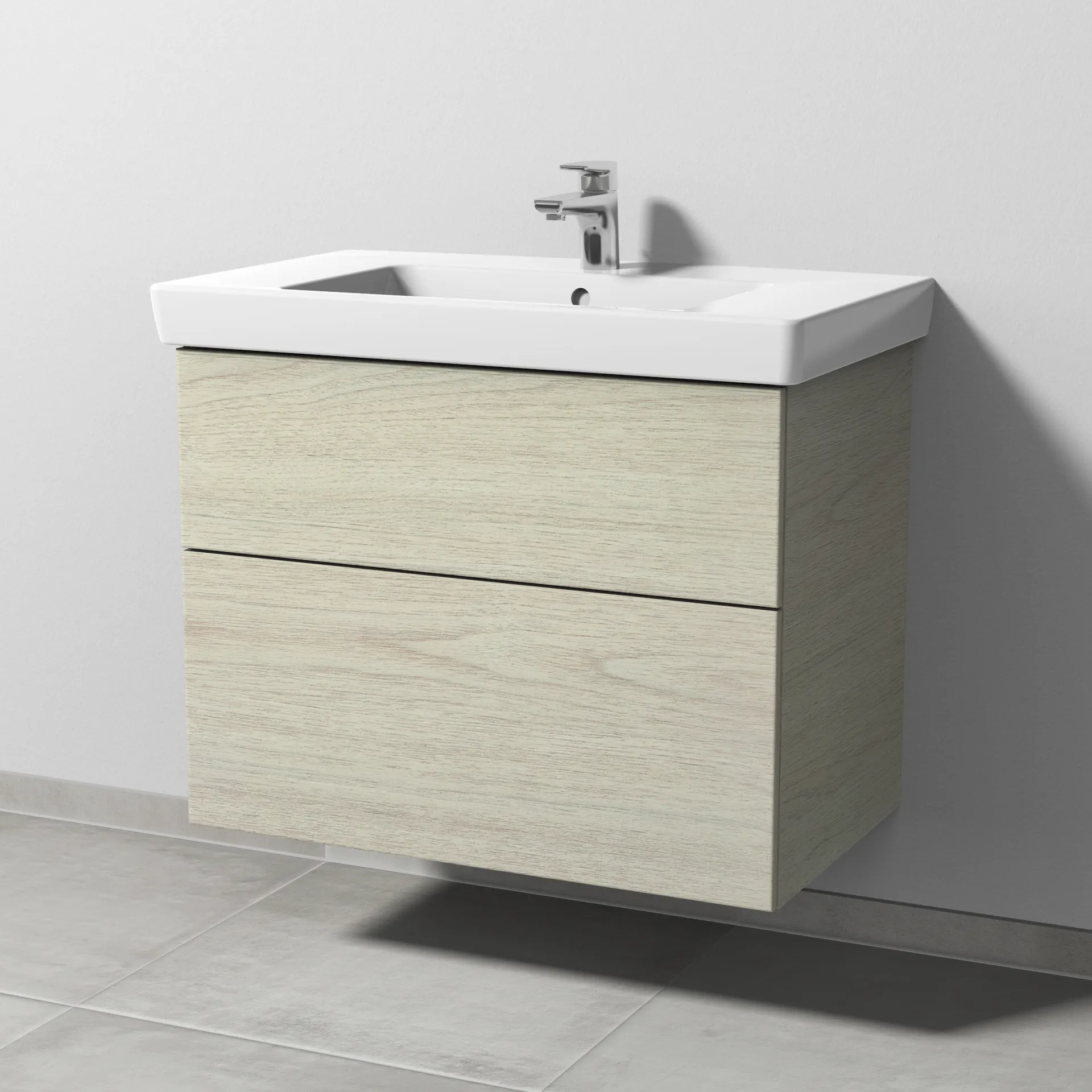 Sanipa Waschtischunterschrank „3way“ passend zu Keramik-Waschtische Subway 2.0 von Villeroy & Boch 750 × 593 × 447 mm in White Oak, Becken mittig