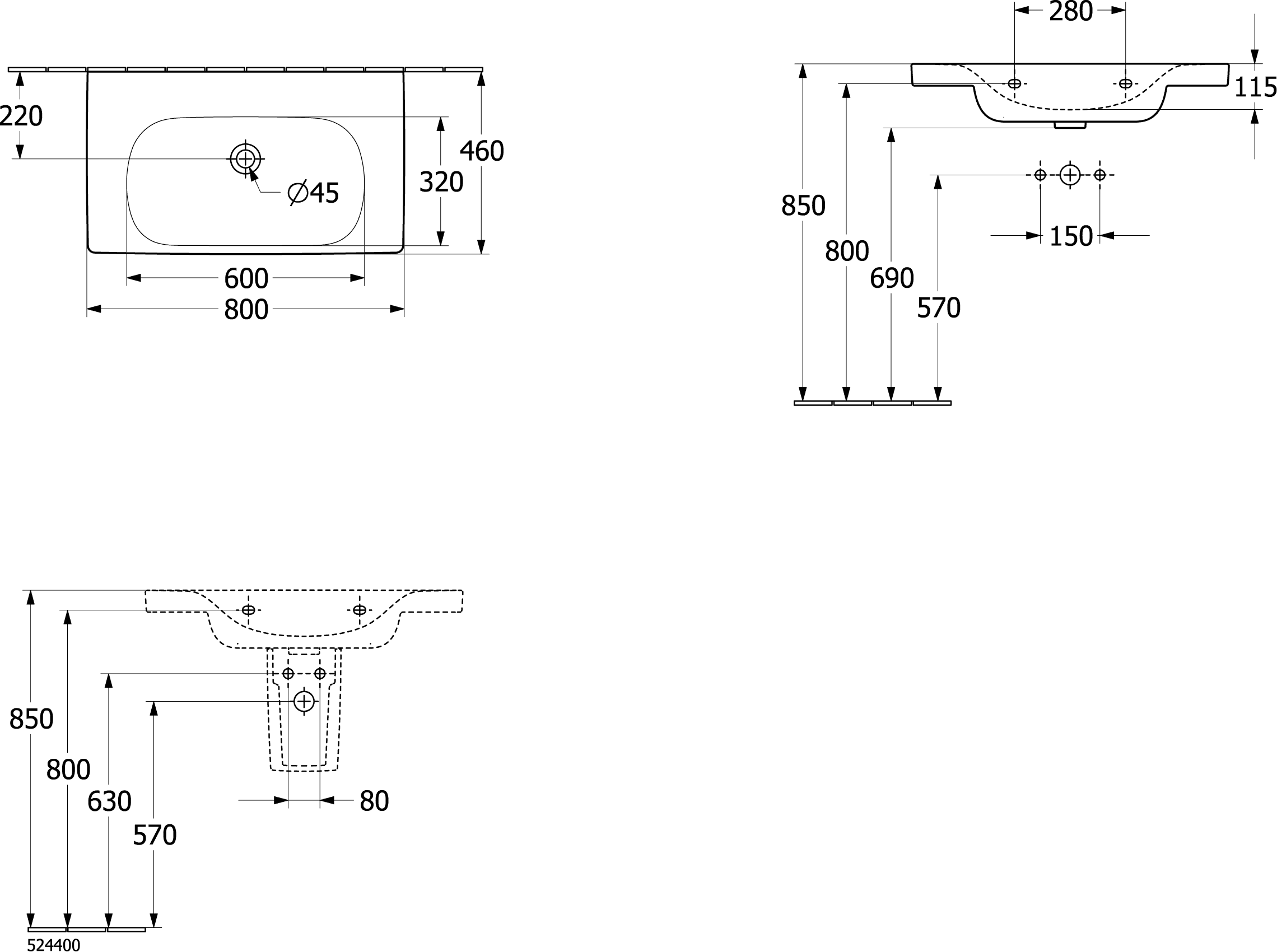Villeroy & Boch Schrankwaschtisch Skyla, 800x460x160 mm, glänzend weiß Alpin, mit Überlauf, TitanCeram, Wandmontage