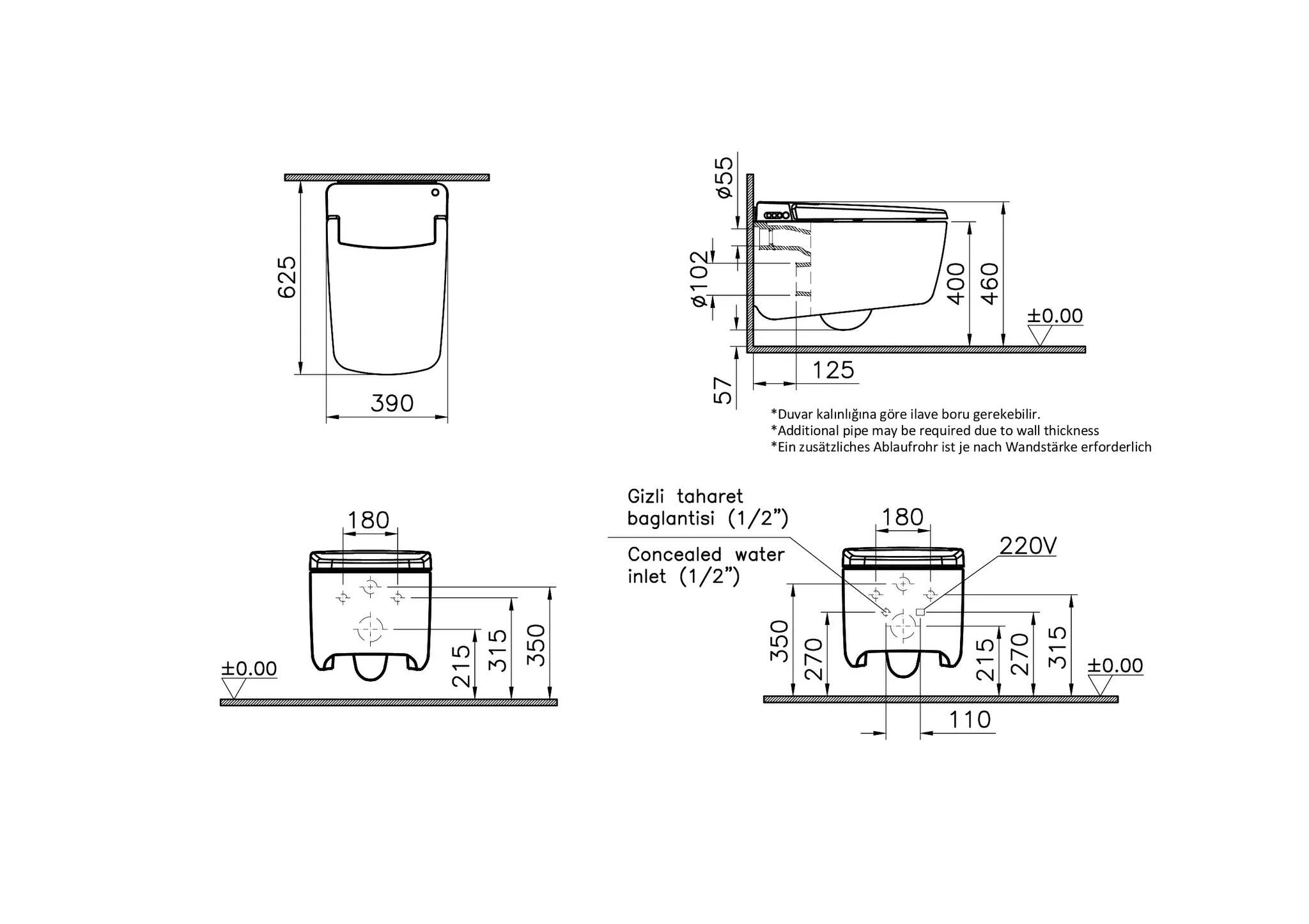 VitrA V-Care Prime Dusch-Wand-WC 39 x 63 cm ohne Spülrand Weiß