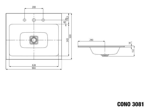 Einbauwaschtisch „Cono“ 90 × 50 cm, ohne Überlauf, mittig, mit Hahnlochbohrung in cool grey 30 mit Perl-Effekt Einbauwaschtisch „Cono“ 90 × 50 cm, ohne Überlauf, mittig, mit Hahnlochbohrung in cool grey 30 mit Perl-Effekt