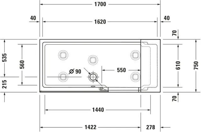Duravit Badewanne Nische links „Shower and Bath“ nische rechteck 170 × 170 cm, links