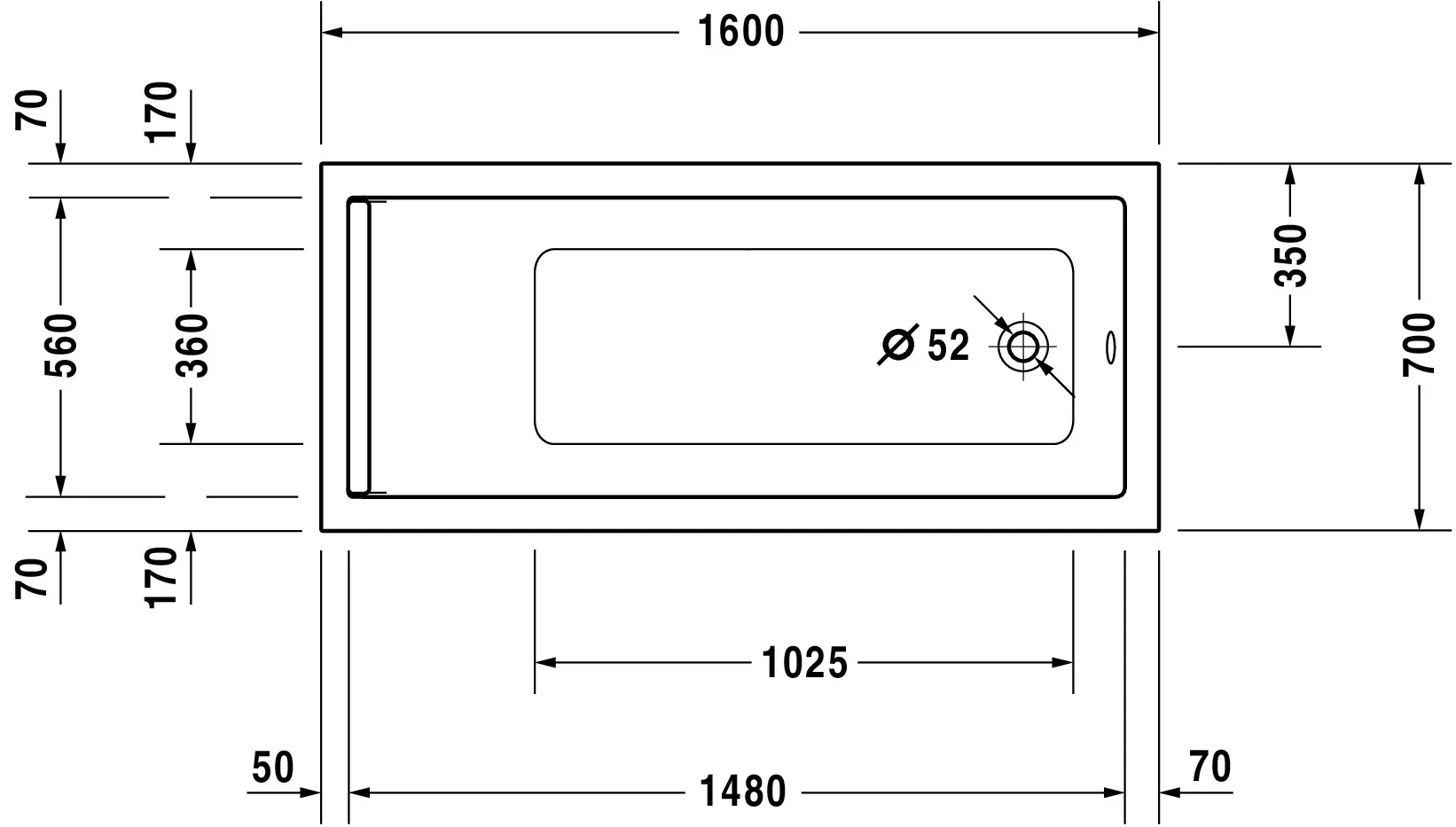 Duravit Whirlwanne „Starck“ rechteck 1600 × 700 mm, Fußablauf mit Combi-System E, in Weiß Duravit Whirlwanne „Starck“ rechteck 1600 × 700 mm, Fußablauf mit Combi-System E, in Weiß