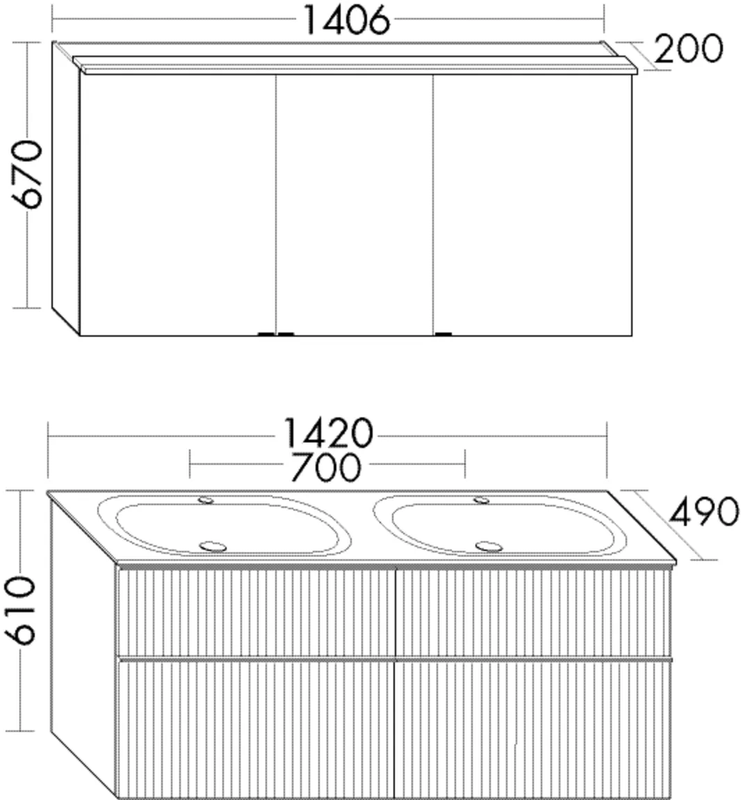 Set, Spiegelschrank;Mineralguss-Waschtisch inkl. Waschtischunterschrank, Tiefe: 490 mm, Breite: 1420 mm