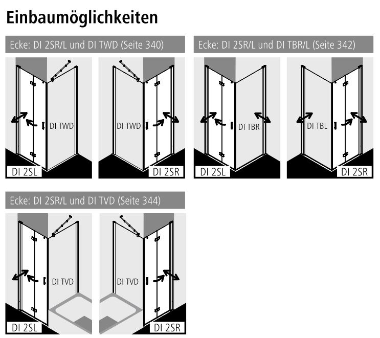 Kermi Pendel-Falttür links „Diga“ Glas Klar, Falttür BV: 880 - 900 mm GAK: 865 - 885 mm WE: 890 - 910 mm H: 1850 mm