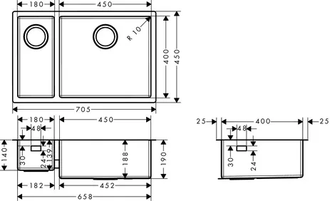Hansgrohe S71 S719-U655 Unterbauspüle 180⁄450, Edelstahl Hansgrohe S71 S719-U655 Unterbauspüle 180⁄450, Edelstahl