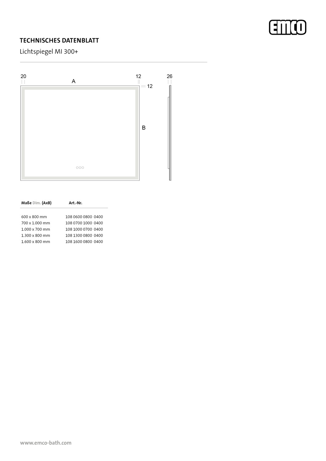 emco Lichtspiegel mit Touch-Bedienfeld „MI 300+“ 60 × 80 cm