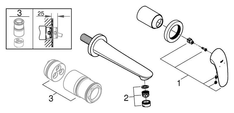 2-Loch-Waschtischbatterie Eurostyle 29097_3, Wandmontage, Fertigmontageset für 23 571, Ausladung 203 mm, geschlossener Metall-Hebelgriff, chrom