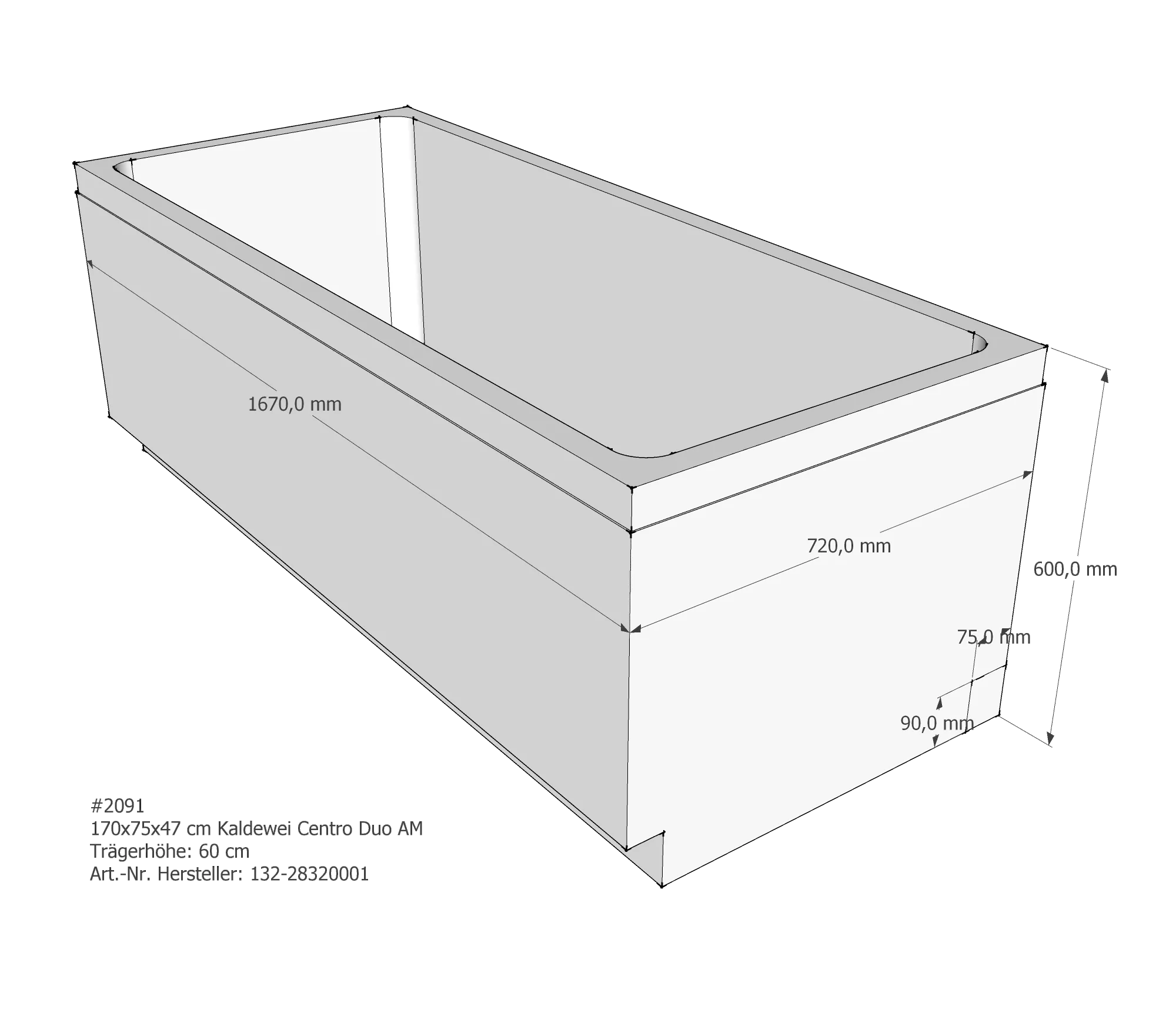 Badewannenträger für Kaldewei Centro Duo 170 × 75 × 47 cm Breite: 75 cm / Länge: 170 cm