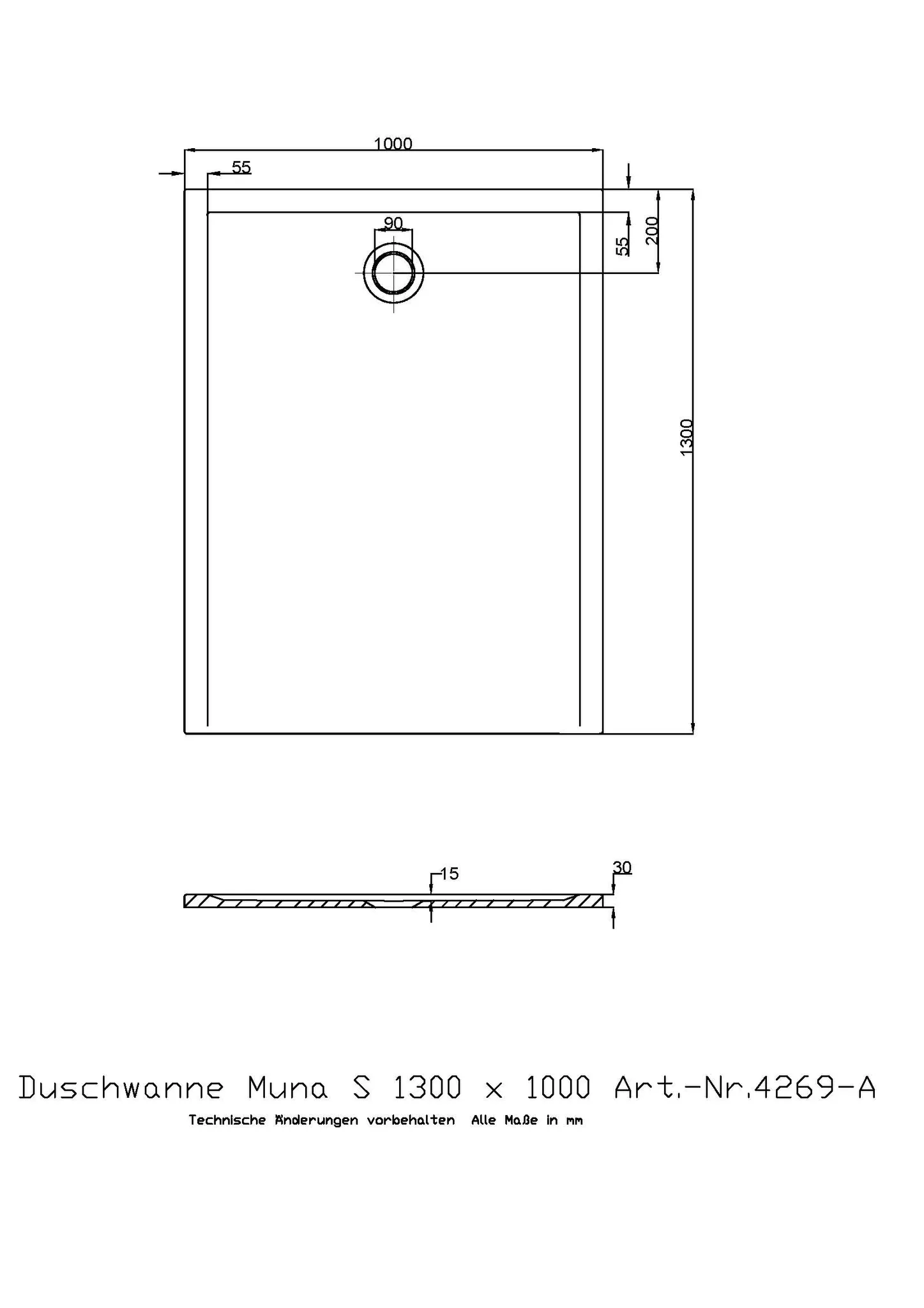 Duschwanne „Muna S“ Rechteck 130 × 100 cm in Weiß