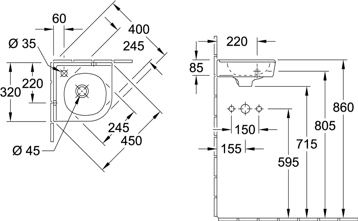 Villeroy & Boch Eck-Handwaschbecken „O.novo“ 400 × 320 × 145 mm, für Becken mittig, mit Hahnlochbohrung, Hahnlochposition mittig