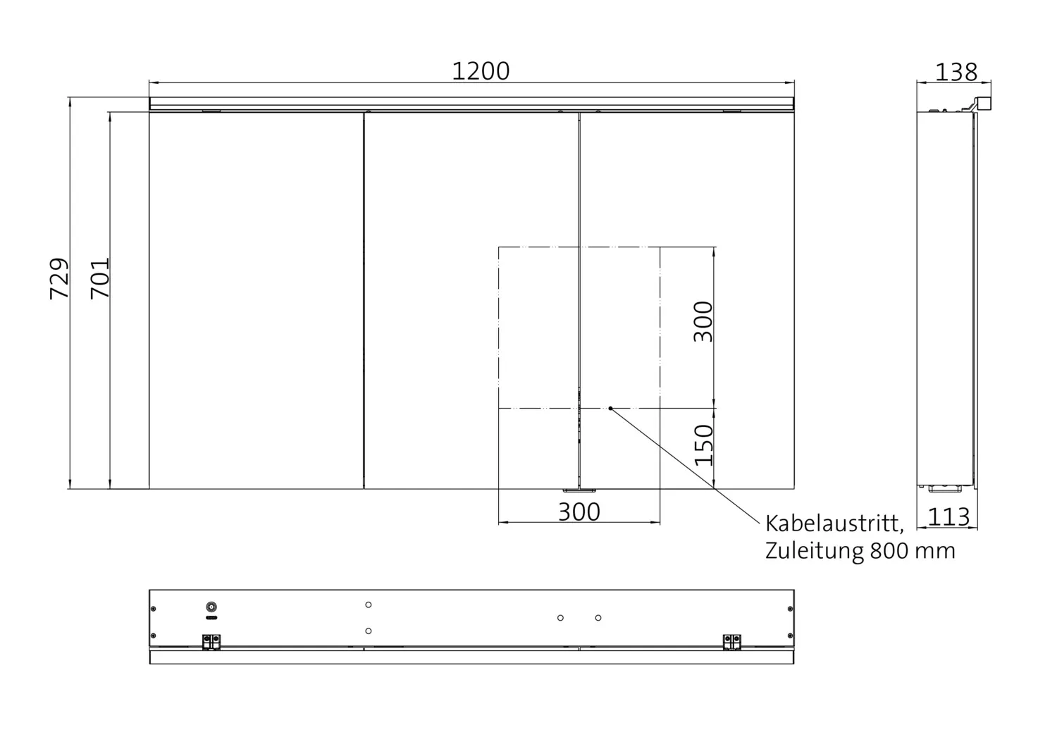 Lichtspiegelschrank flat 2 Classic,Aufputz, mit Waschtischbeleuchtung,3 Türen, 1200mm