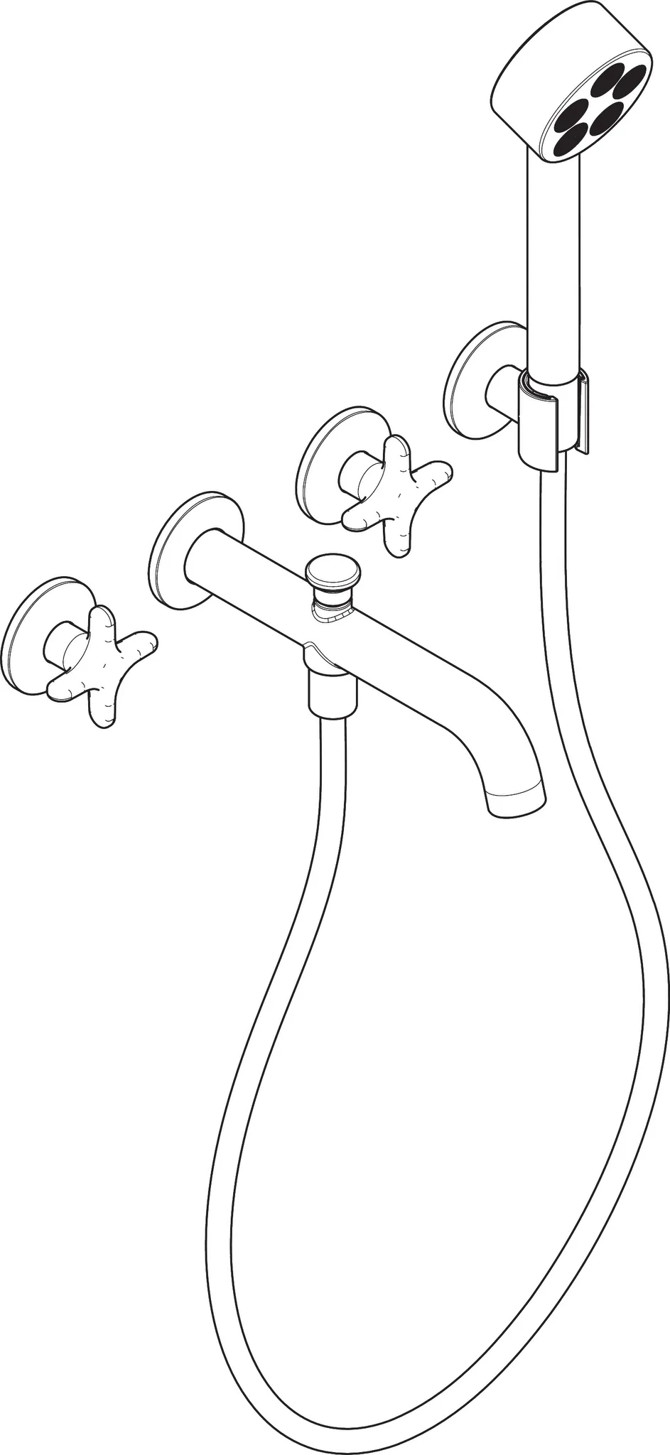 AXOR One 3-Loch Wannenarmatur Unterputz für Wandmontage mit Kreuzgriffen und Handbrause, Chrom AXOR One 3-Loch Wannenarmatur Unterputz für Wandmontage mit Kreuzgriffen und Handbrause, Chrom