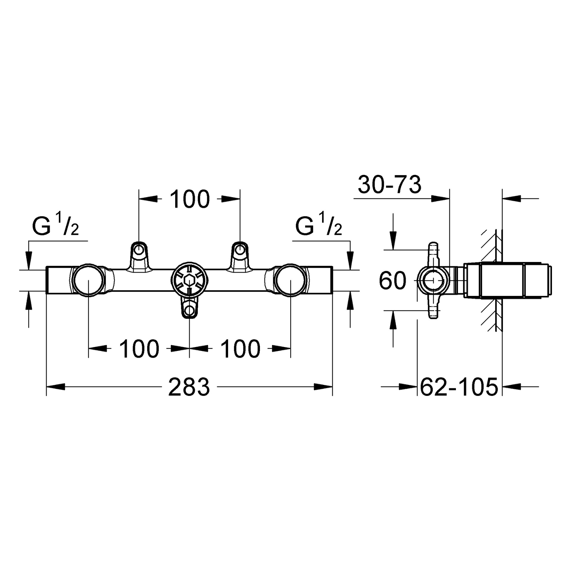 Zweihand-Unterputz-Universal-Einbaukörper 32706, DN 15, für 3-Loch-Waschtischbatterien, Einbautiefe 30 - 75 mm