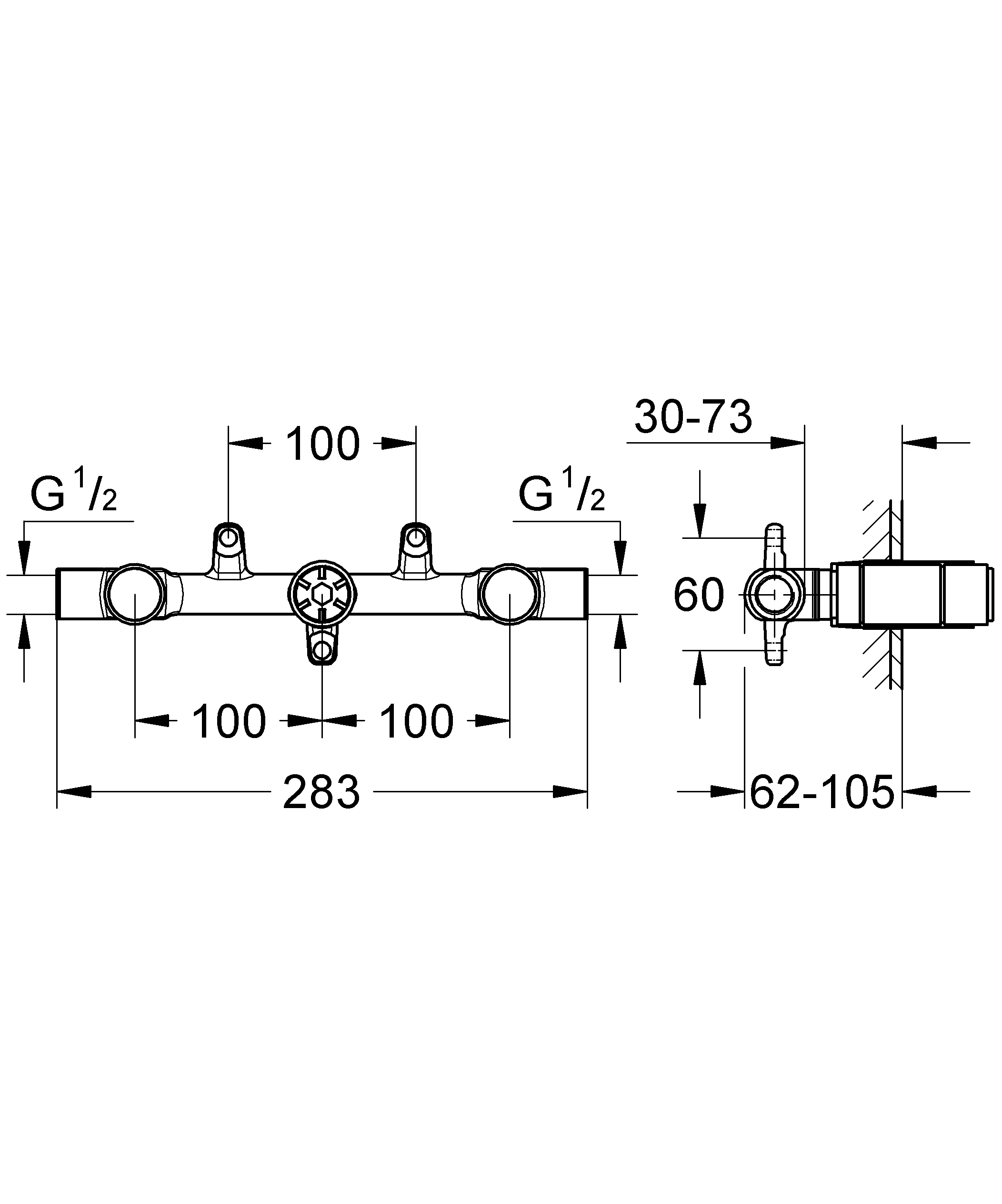 Zweihand-Unterputz-Universal-Einbaukörper 32706, DN 15, für 3-Loch-Waschtischbatterien, Einbautiefe 30 - 75 mm