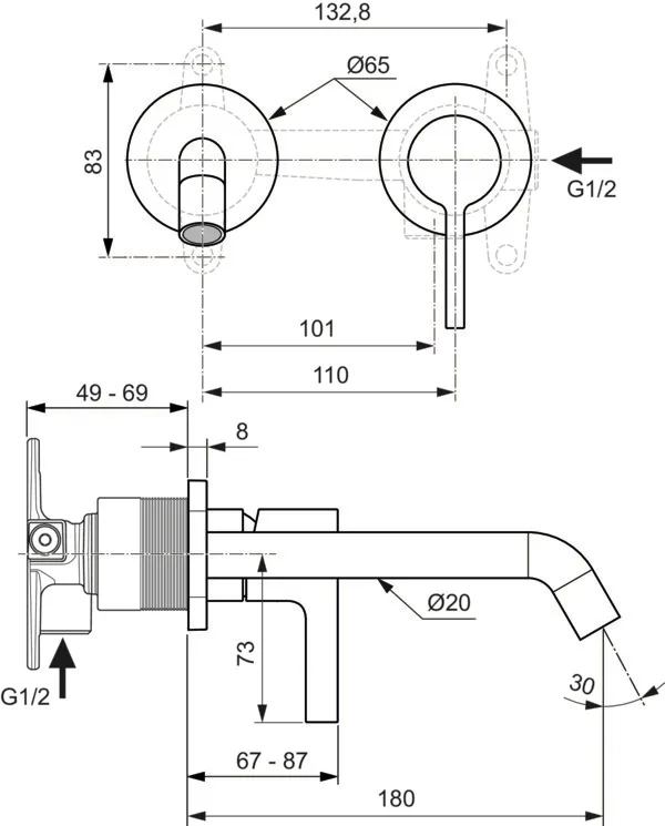 Wand-Waschtischarmatur Joy, Bausatz 2, runde Rosette, Ausladung 180mm, Brushed Gold Wand-Waschtischarmatur Joy, Bausatz 2, runde Rosette, Ausladung 180mm, Brushed Gold