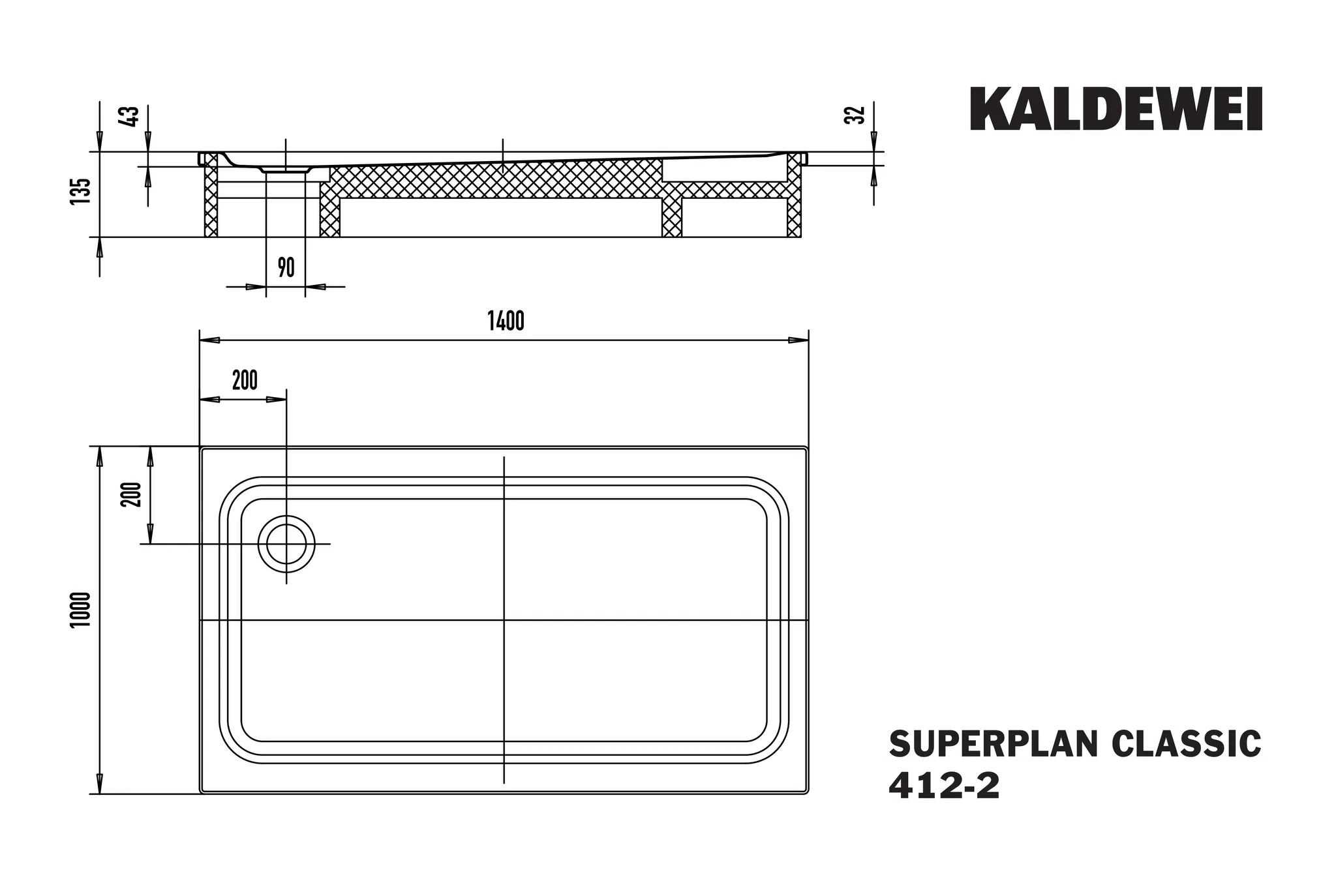 Kaldewei rechteck Duschwanne „Superplan Classic“ 100 × 140 cm mit Teilantislip, ohne Oberflächenveredelung, in schwarz