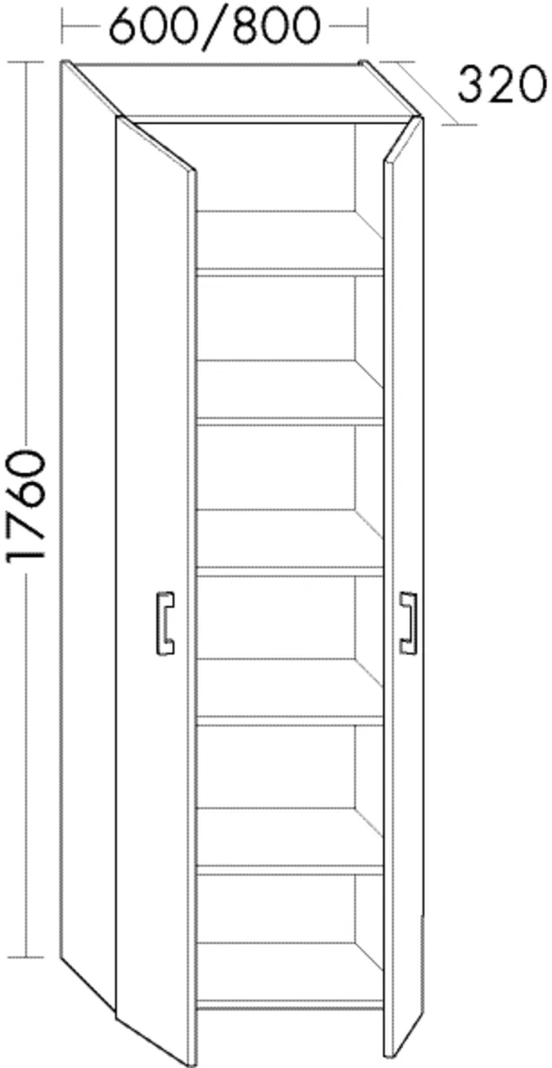Hochschrank, 2 Türen;4 Glaseinlegeböden;1 fester Boden, Tiefe: 320 mm, Breite: 600 mm, Höhe: 1760 mm