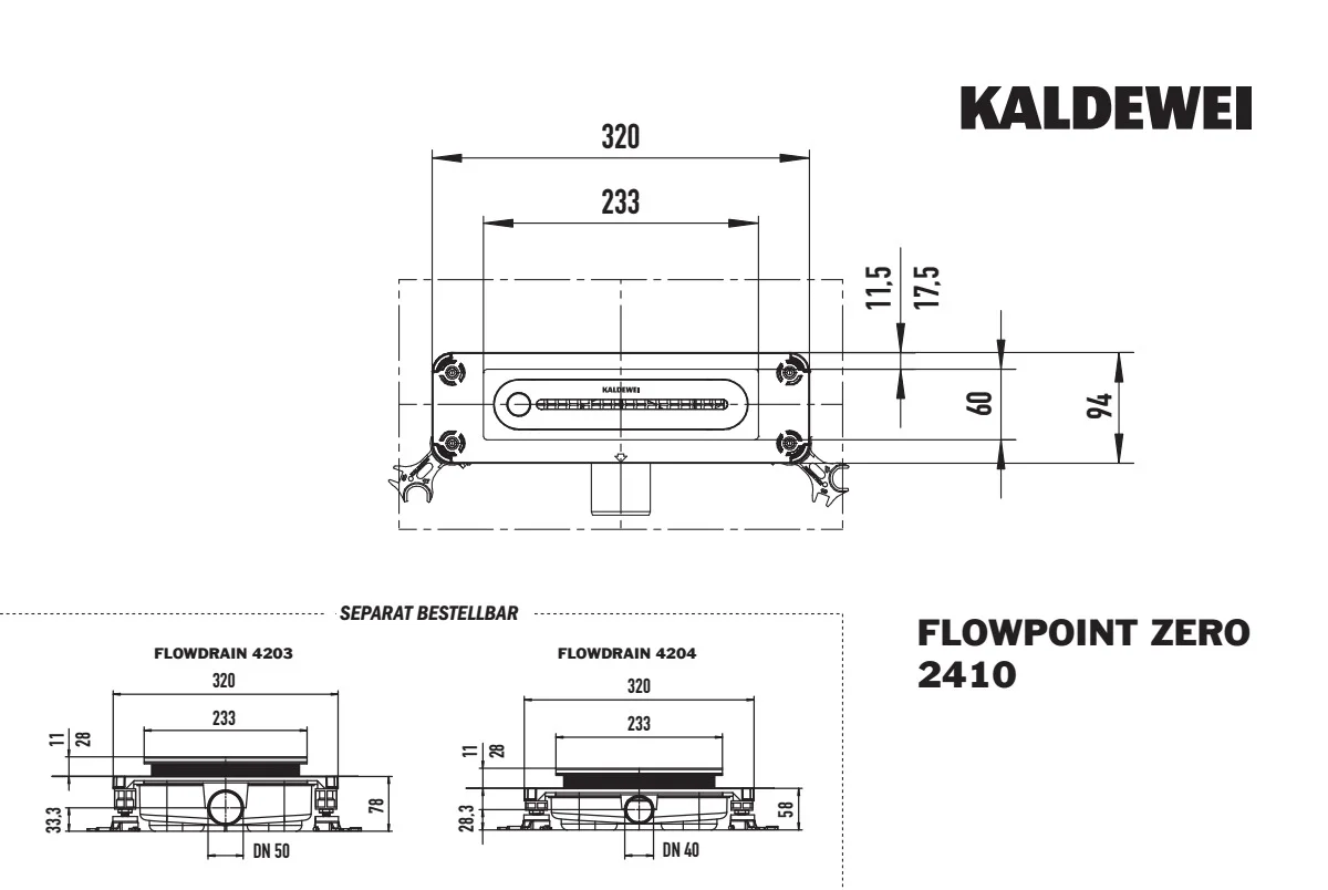 Kaldewei FLOWPOINT ZERO Punktablauf, Edelstahl gebürstet, 233 x 60 mm, Modell 2410