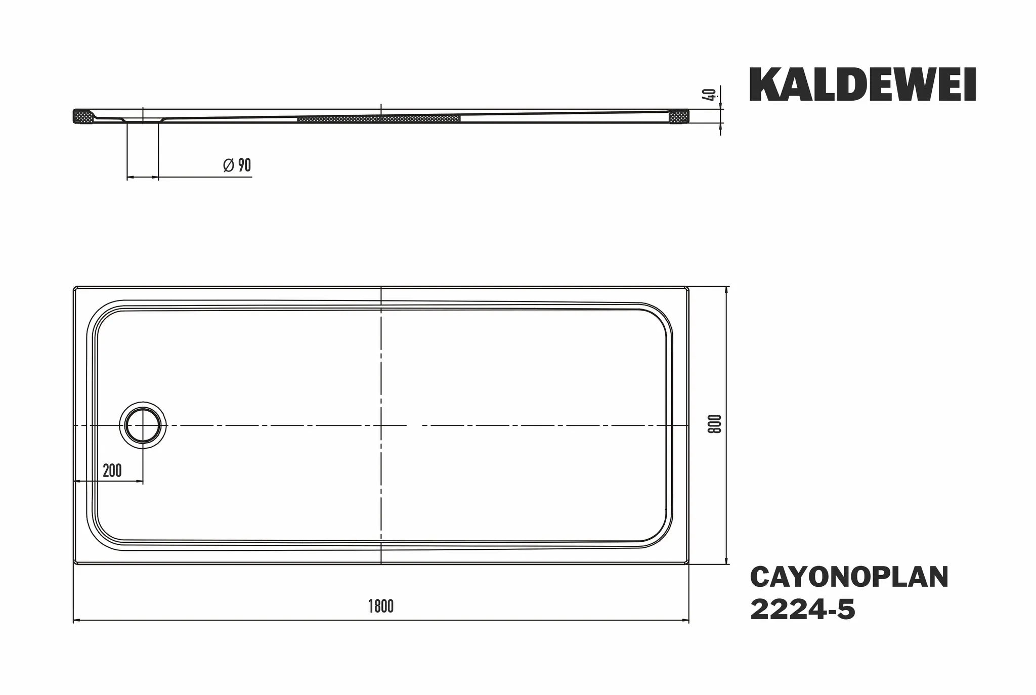 Kaldewei rechteck Duschwanne „Cayonoplan“ 800 × 1800 mm ohne Oberflächenbeschichtung, mit Perl-Effekt, in schwarz matt