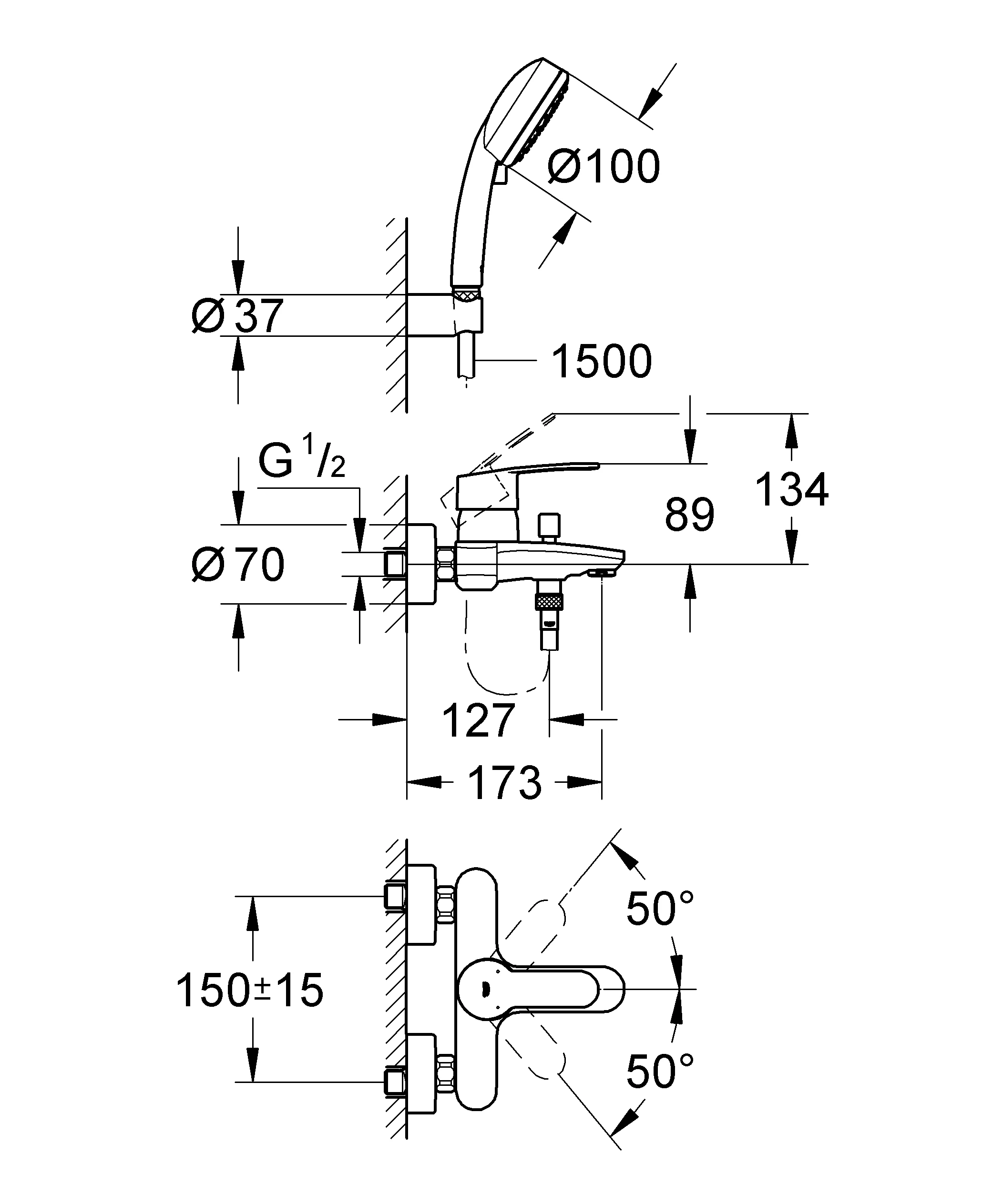 Einhand-Wannenbatterie Eurostyle Cosmopolitan 33592_2, Wandmontage, mit Brausegarnitur, eigensicher, chrom