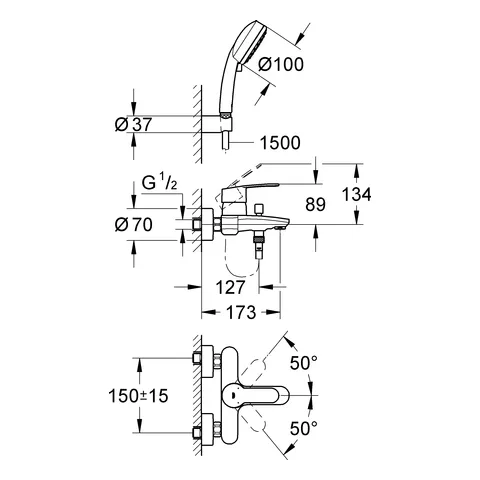 Einhand-Wannenbatterie Eurostyle Cosmopolitan 33592_2, Wandmontage, mit Brausegarnitur, eigensicher, chrom Einhand-Wannenbatterie Eurostyle Cosmopolitan 33592_2, Wandmontage, mit Brausegarnitur, eigensicher, chrom