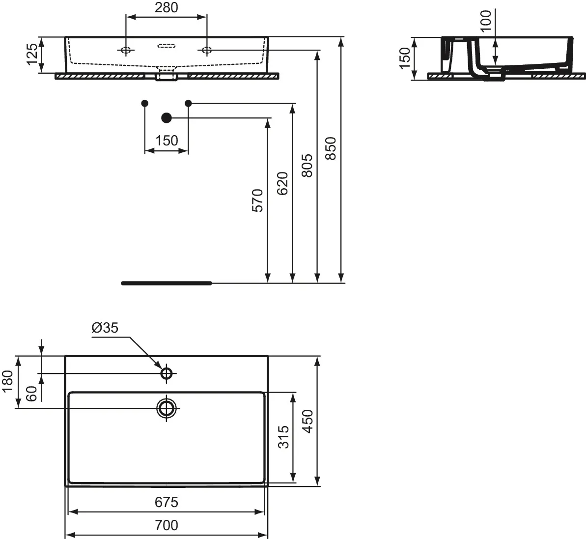Waschbecken „Extra“ 70 × 45 × 15 cm, Hahnlochposition mittig in Weiß Waschbecken „Extra“ 70 × 45 × 15 cm, Hahnlochposition mittig in Weiß
