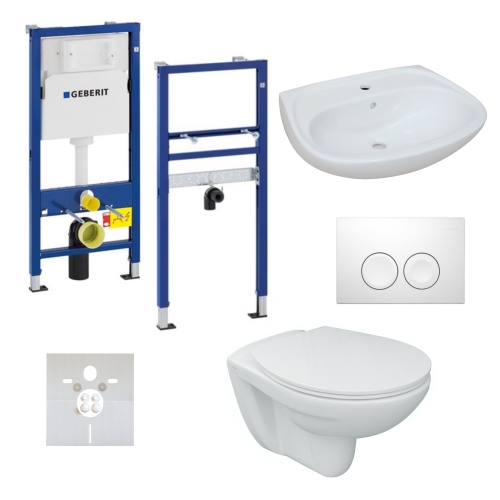 Wand-Tiefspül-WC mit Geberit WC-Element und Geberit Platte inkl. WC-Sitz und Waschtisch mit Geberit Waschtisch-Element Wand-Tiefspül-WC mit Geberit WC-Element und Geberit Platte inkl. WC-Sitz und Waschtisch mit Geberit Waschtisch-Element