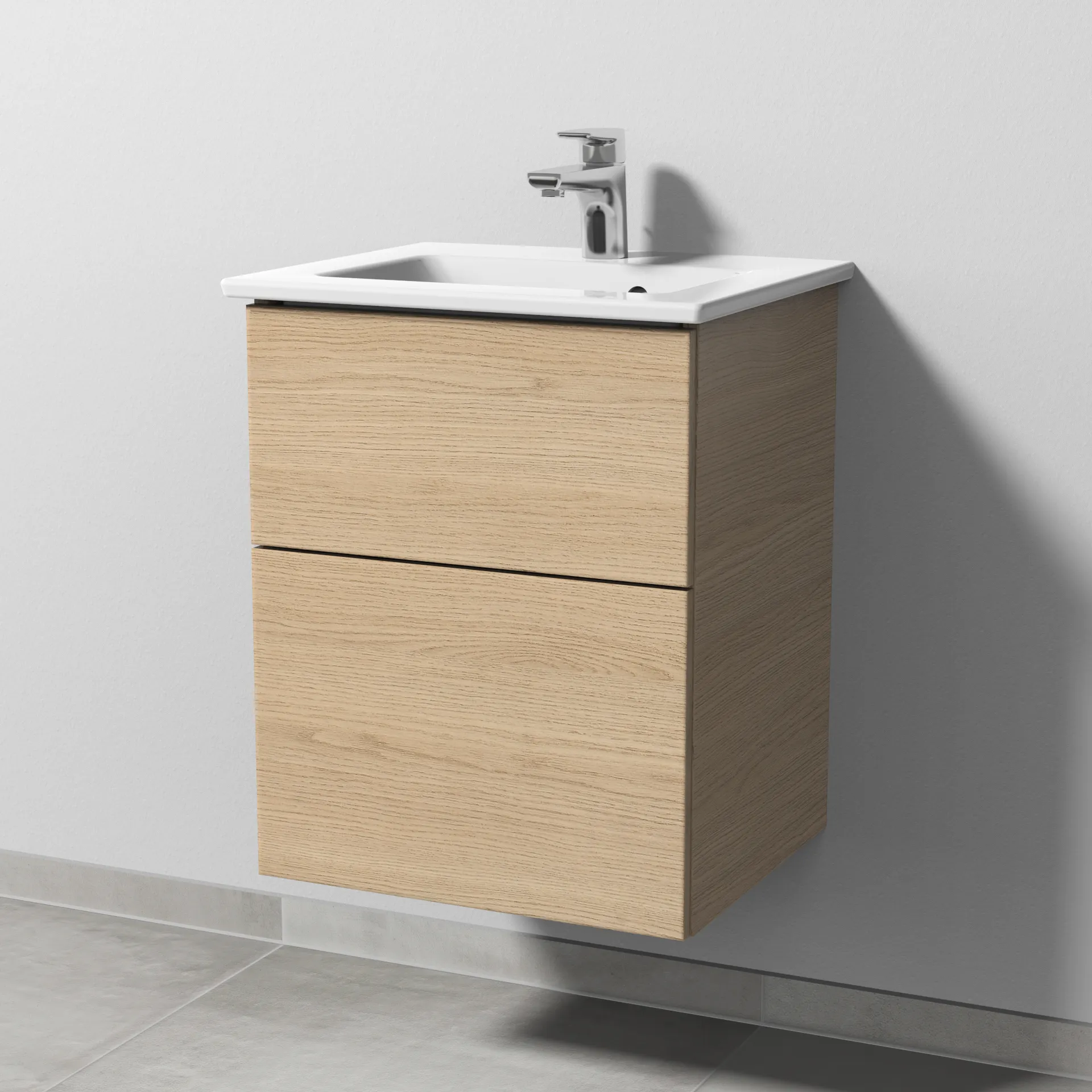 Sanipa Keramik-Waschtisch-Set mit Waschtischunterschrank „3way“ 46,5 × 40,1 × 59,1 cm in Eiche Nordic, mittig