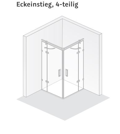 HSK rahmenlose Eckeinstieg an Nebenteilen 4-teilig „Atelier Plan Pur“ Glas Klar hell, Scharniere Chromoptik (Alu Hochglanz poliert), Sondergröße HSK rahmenlose Eckeinstieg an Nebenteilen 4-teilig „Atelier Plan Pur“ Glas Klar hell, Scharniere Chromoptik (Alu Hochglanz poliert), Sondergröße