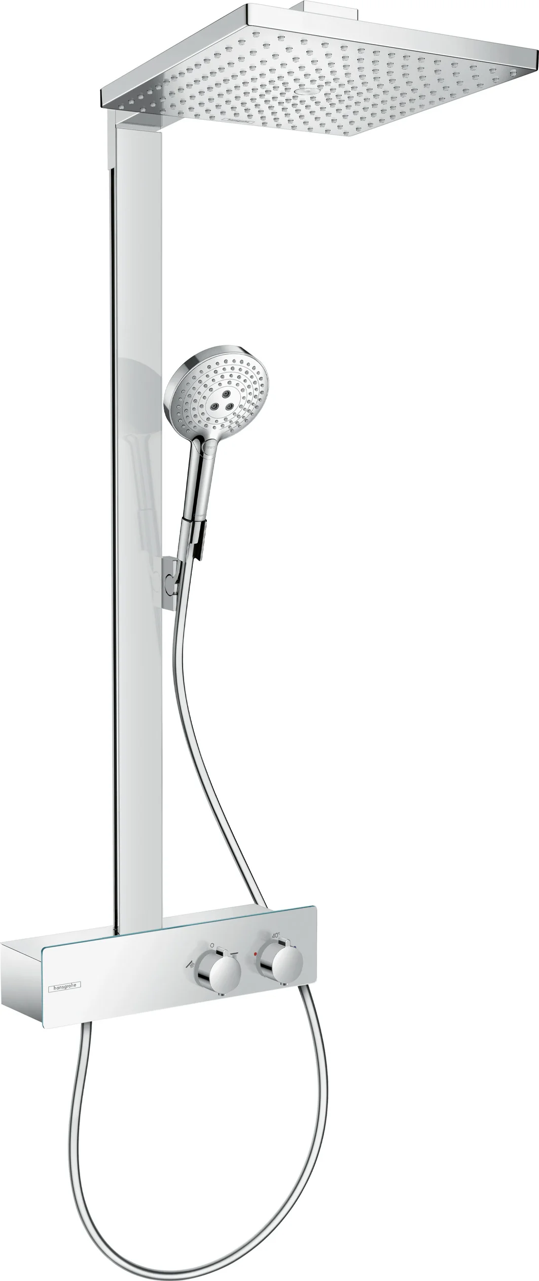 Hansgrohe Showerpipe Raindance E 300 1jet EcoSmart Chrom, 8 l/min Durchfluss, Aufputzinstallation, DN15 Anschluss Hansgrohe Showerpipe Raindance E 300 1jet EcoSmart Chrom, 8 l/min Durchfluss, Aufputzinstallation, DN15 Anschluss