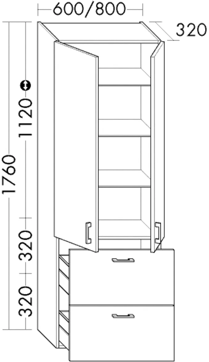 Hochschrank, 2 Türen;2 Auszüge;3 Glaseinlegeböden;1 fester Boden, Tiefe: 320 mm, Breite: 600 mm, Höhe: 1760 mm