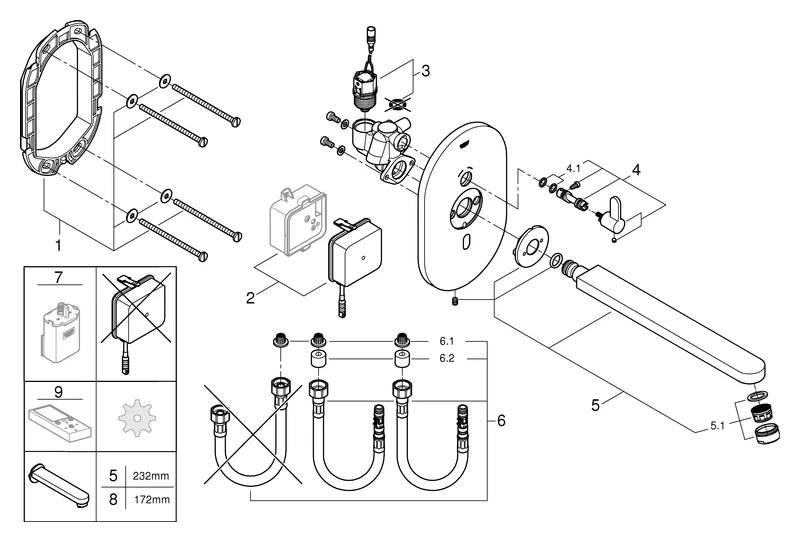 Infrarot-Elektronik für Waschtisch Eurosmart CE 36376, mit Mischung, Fertigmontageset für UP-Einbaukasten 36 339 001, mit Steckertrafo 100-230 V AC, 50-60 Hz, 6 V DC, Ausladung 232 mm, chrom