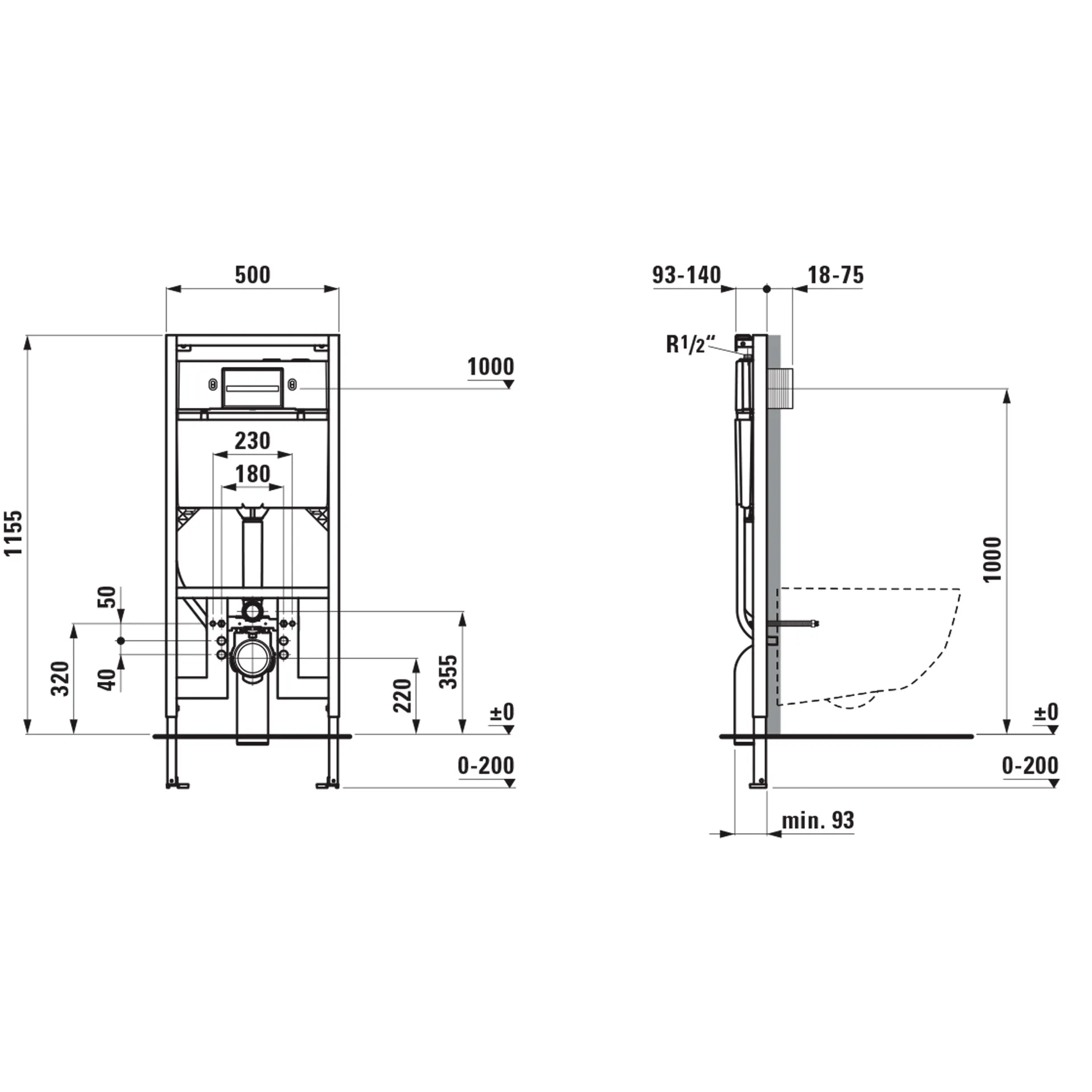 Installationselement INEOLINK, slim, mit Spülkasten für Wand-WC und Dusch-WC, Bauhöhe 1155 mm, Stahlrahmen, Füsse höhenverstellbar und drehbar, Spülkasten für Frontbetätigung, mit Dual-Flush 2-Mengen-Spülsystem