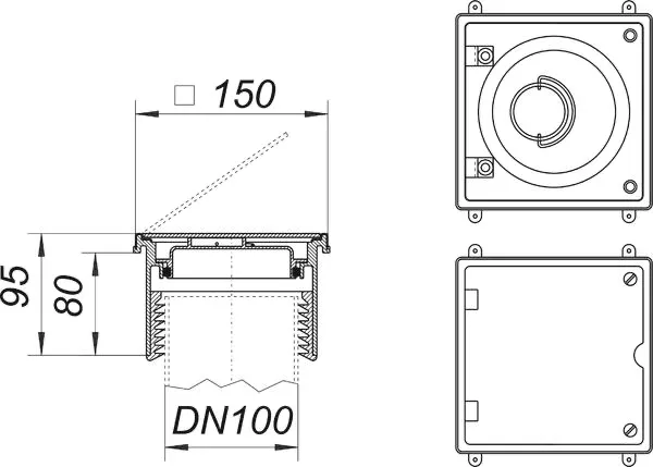 Reinigungsverschluss DN 100, SML-Anschluss, 150 x 150 mm