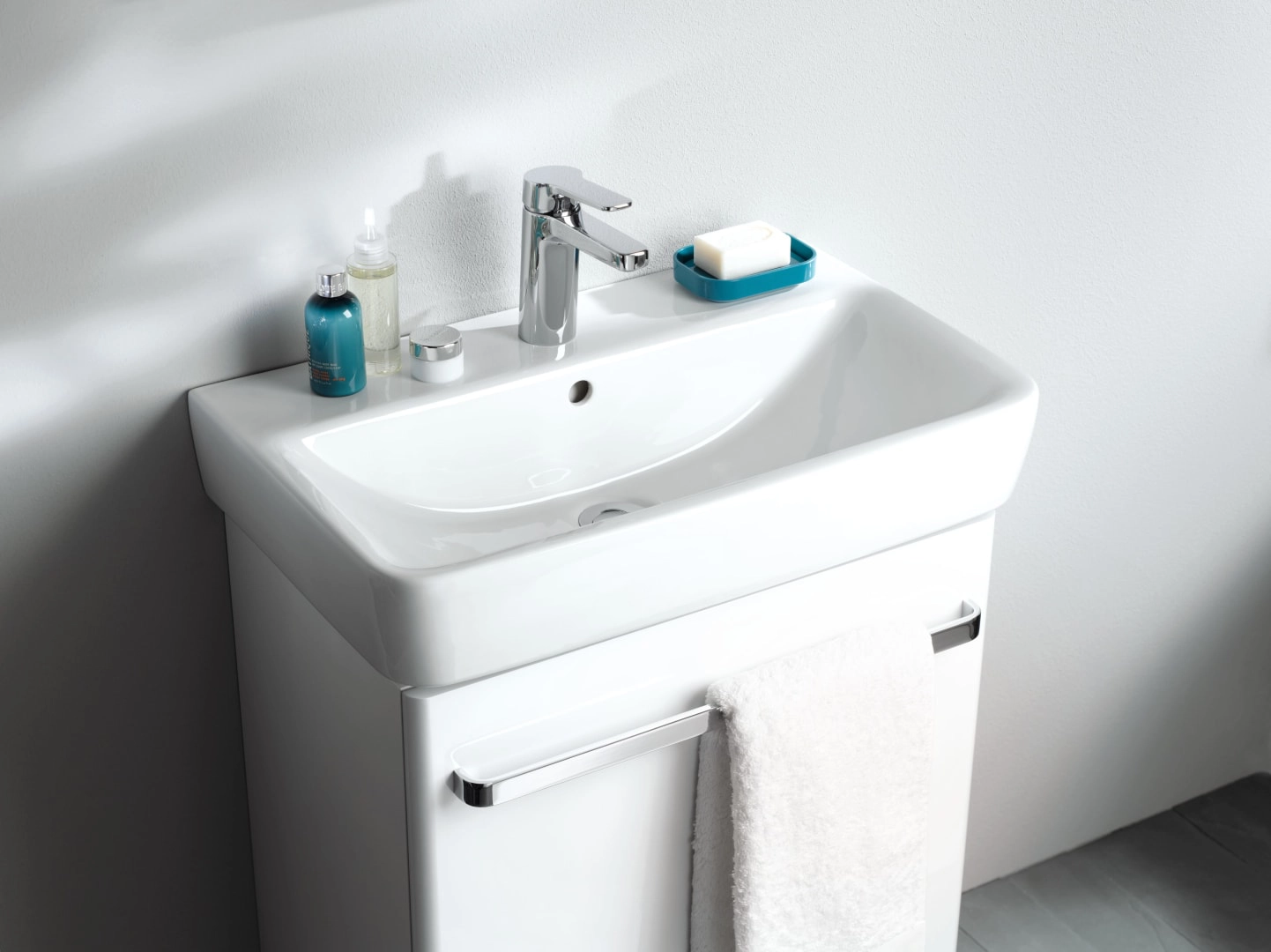 Eckwaschtisch „Renova Compact“, rechteckig, mit Überlauf 60 × 37 cm in weiß alpin