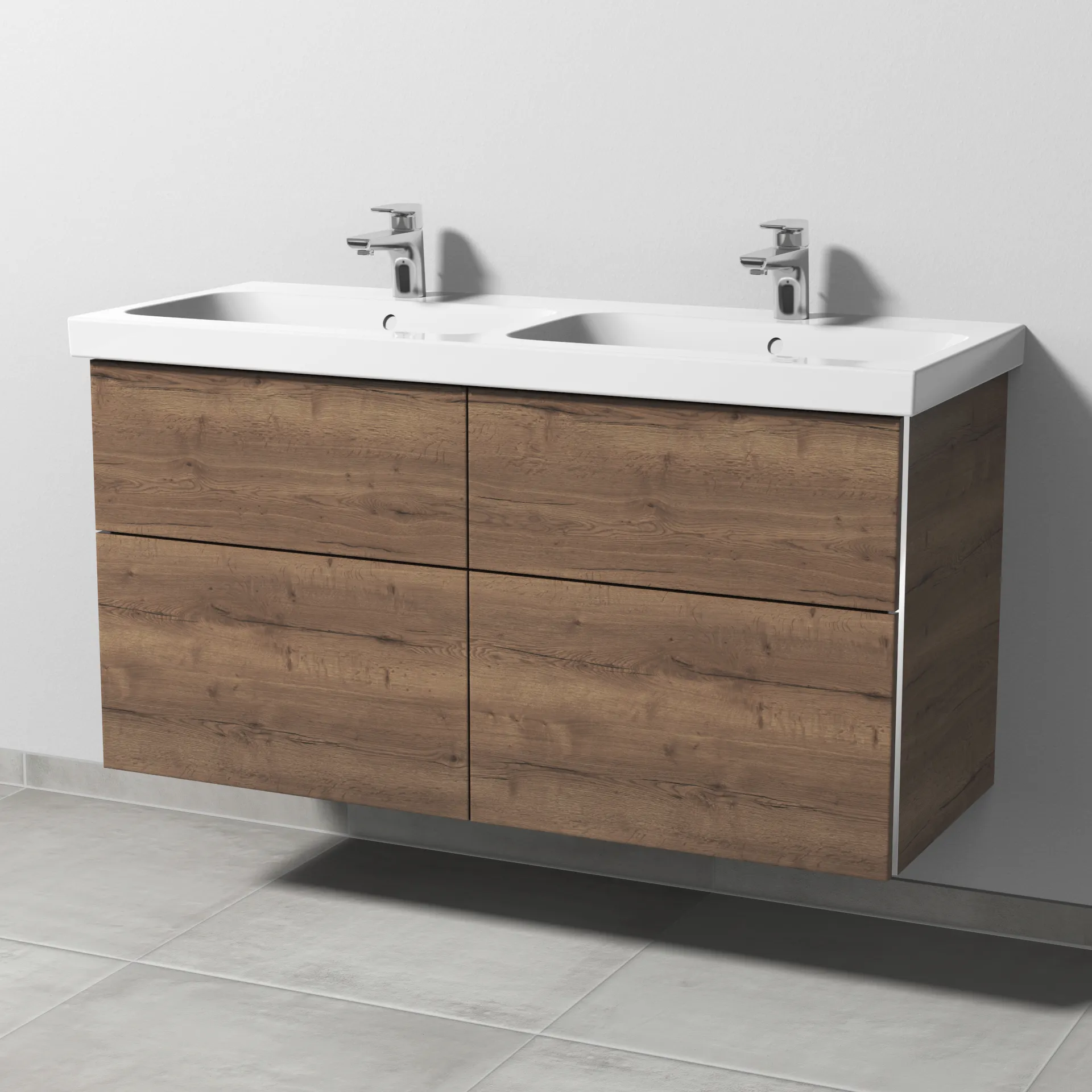 Sanipa Waschtischunterschrank „3way“ passend zu Keramik-Waschtische iCon Light von Geberit 1150 × 591 × 462 mm in Eiche Tabak, Becken links und rechts