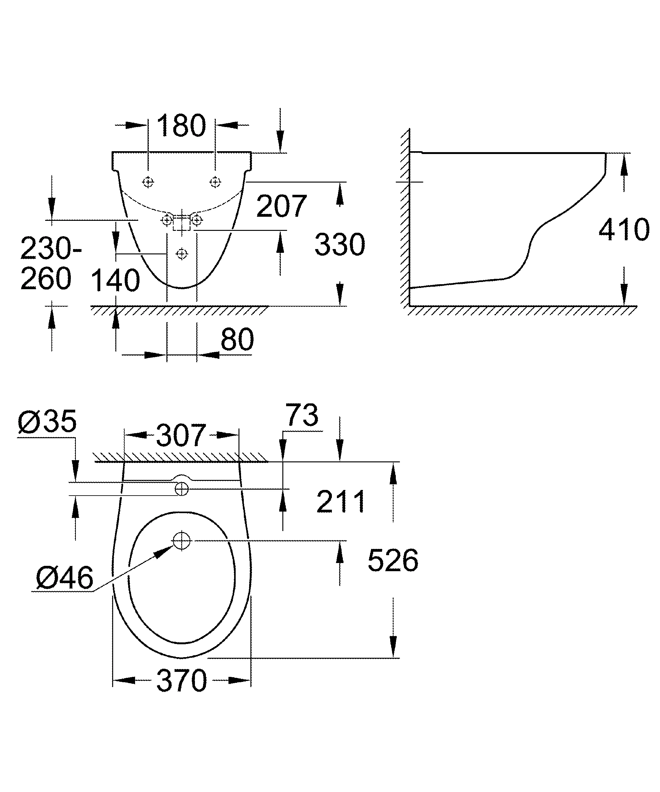 Wandbidet Bau Keramik 39433, 1 Hahnloch, mit Überlauf, aus Sanitärkeramik, alpinweiß