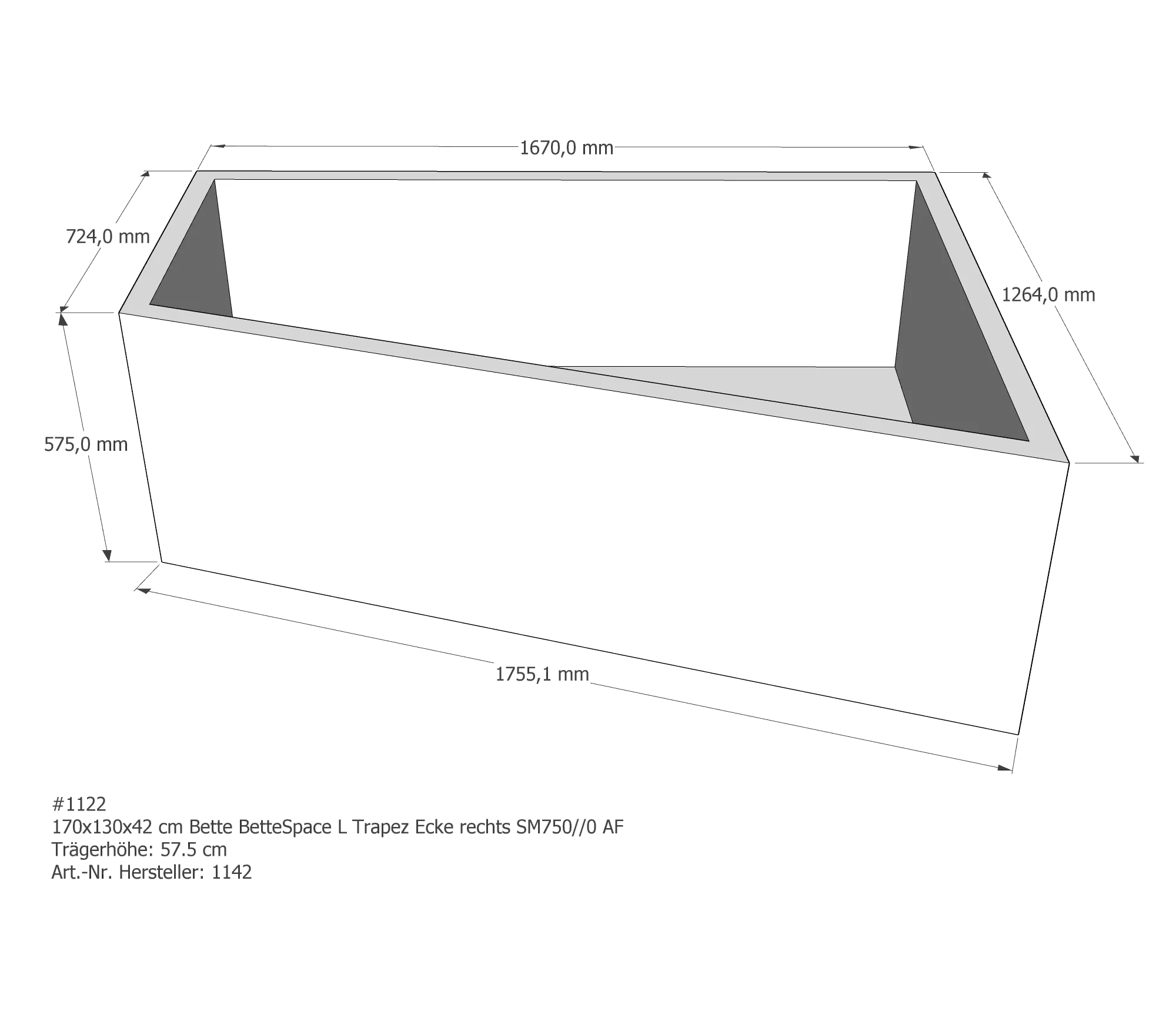 Badewannenträger passend für Bette BetteSpace rechts 170 × 130 × 42 cm