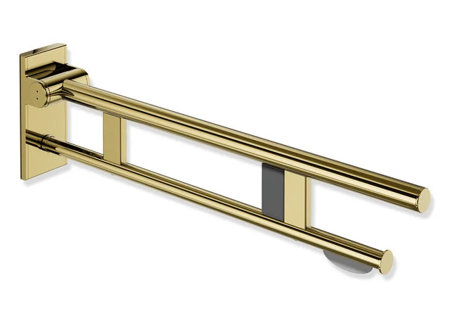 HEWI Stützklappgriff Duo System 900 Design A, Edelstahl PVD gold glänzend, Ausladung 750 mm, mit WC-Papierhalter und Funk-Spülauslösung, rechts HEWI Stützklappgriff Duo System 900 Design A, Edelstahl PVD gold glänzend, Ausladung 750 mm, mit WC-Papierhalter und Funk-Spülauslösung, rechts