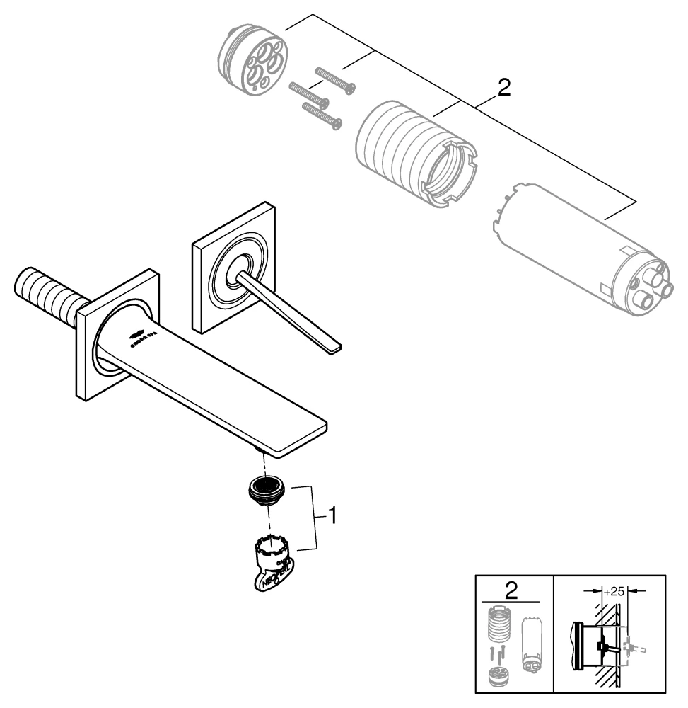 2-Loch-Waschtischbatterie Allure 19309, Wandmontage, Fertigmontageset 33 769, Ausladung 172 mm, chrom