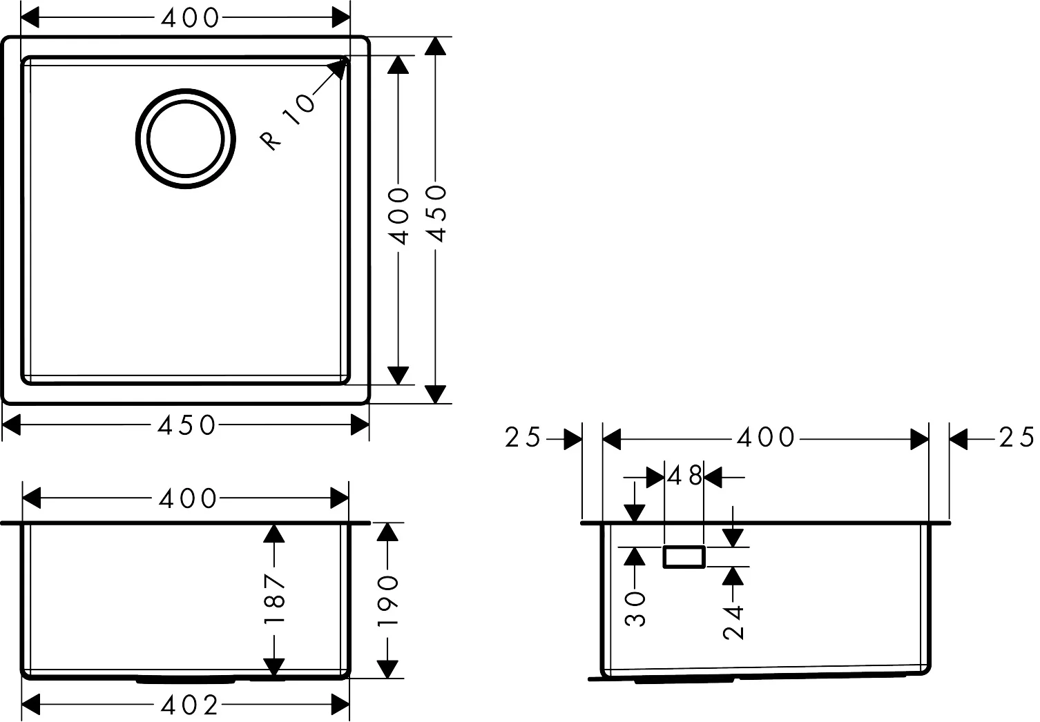 Hansgrohe Unterbauspüle S71, Edelstahl, 398 x 398 mm, Beckentiefe 187 mm
