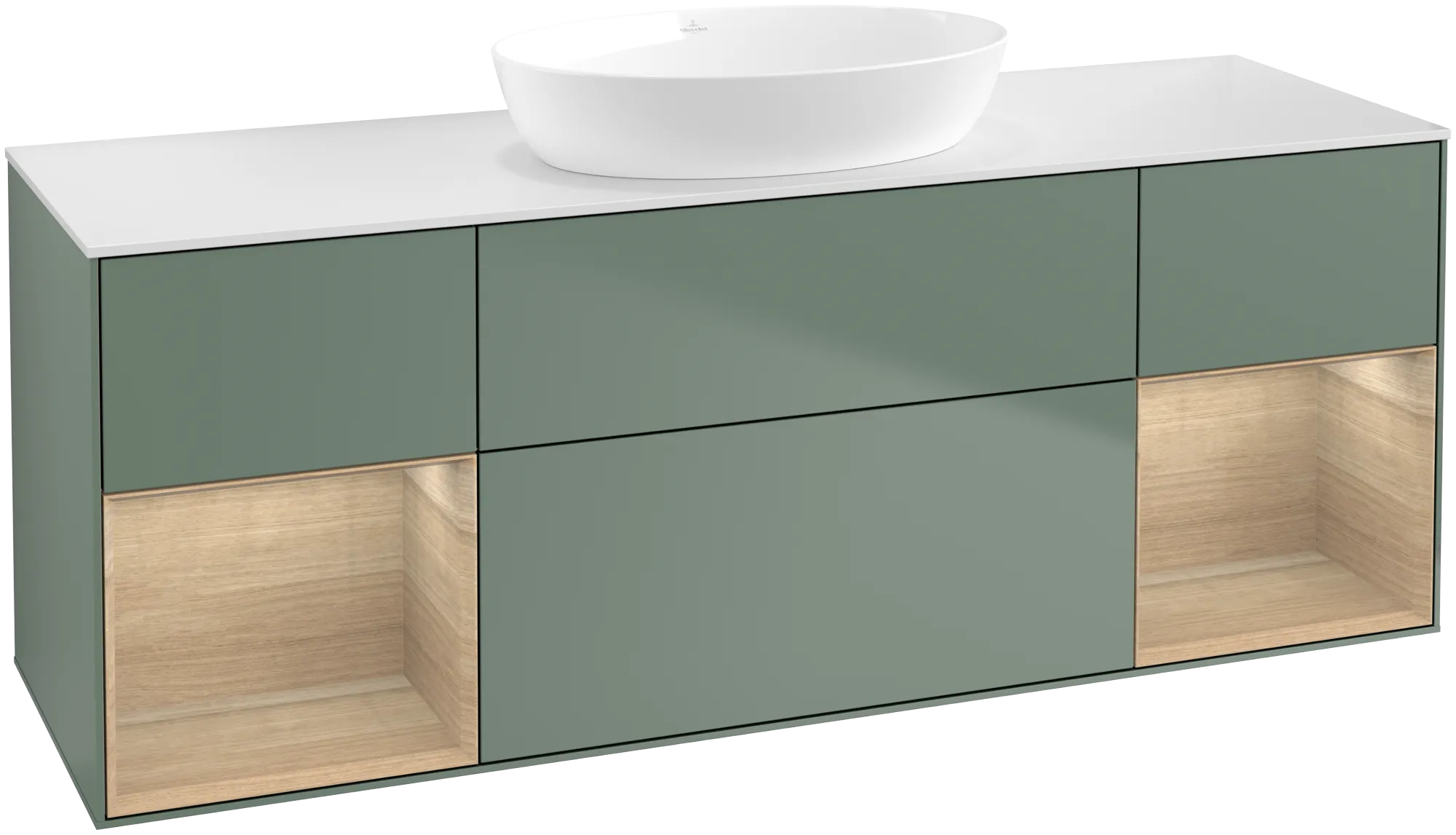 Villeroy & Boch Finion Waschbeckenunterschrank FD0, 1600 x 603 x 501 mm, Olive Matt Lacquer / Oak Veneer / Glass White Matt